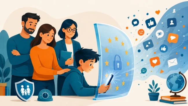 Tutela dei minori sui social media in Europa con controllo parentale, educazione digitale e protezione della privacy
