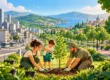 Illustrazione della riforestazione urbana in Italia con una famiglia che pianta un albero tra città, parchi e nuove aree verdi.