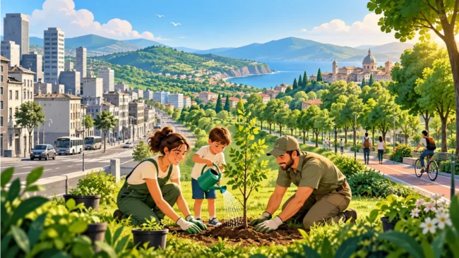 Illustrazione della riforestazione urbana in Italia con una famiglia che pianta un albero tra città, parchi e nuove aree verdi.