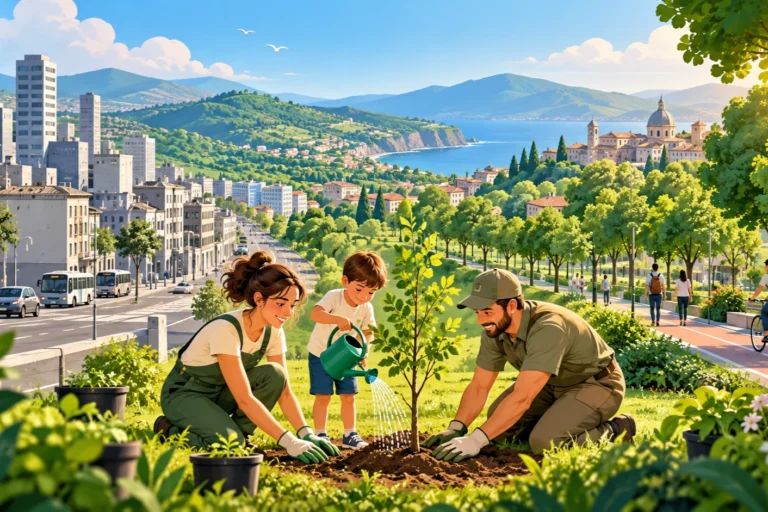 3,7 milioni di alberi piantati in Italia nel 2025 Illustrazione della riforestazione urbana in Italia con una famiglia che pianta un albero tra città, parchi e nuove aree verdi.