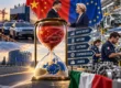 Auto cinesi in arrivo in Europa, clessidra simbolica e fabbrica automobilistica italiana per rappresentare la sfida industriale tra UE e Cina.