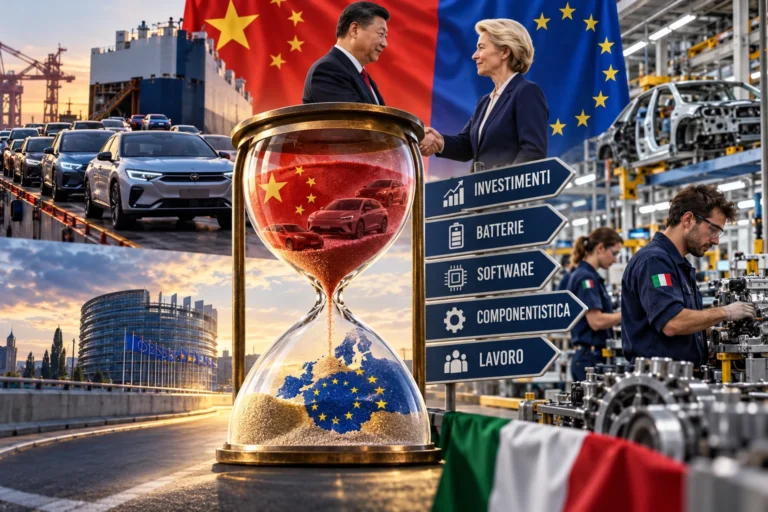Auto cinesi ed Europa: la sfida per l’industria automobilistica Auto cinesi in arrivo in Europa, clessidra simbolica e fabbrica automobilistica italiana per rappresentare la sfida industriale tra UE e Cina.