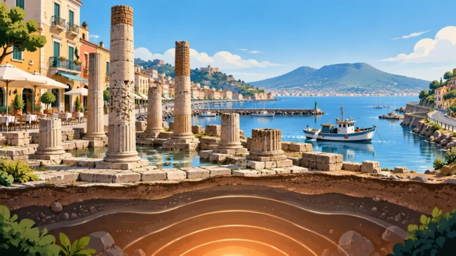 Campi Flegrei e bradisismo, illustrazione del Macellum di Pozzuoli con attività economiche, mare e movimento del sottosuolo
