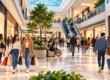 Interno di un centro commerciale affollato con famiglie e consumatori che fanno acquisti nei negozi.