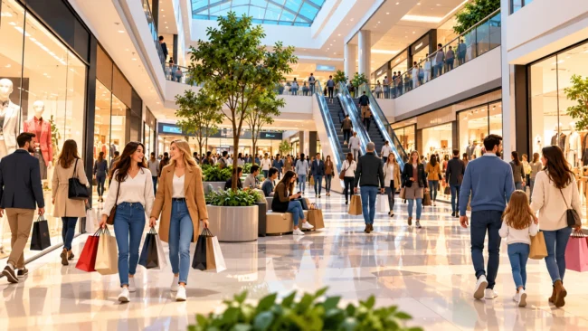 Interno di un centro commerciale affollato con famiglie e consumatori che fanno acquisti nei negozi.