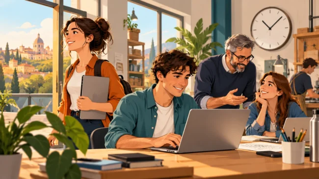 Giovani della Generazione Z al lavoro in una piccola impresa con strumenti digitali e attenzione all’equilibrio tra lavoro e vita privata