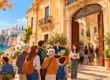 Illustrazione delle Giornate FAI d’Autunno 2026 con visitatori e giovani volontari davanti a un palazzo storico italiano aperto al pubblico.