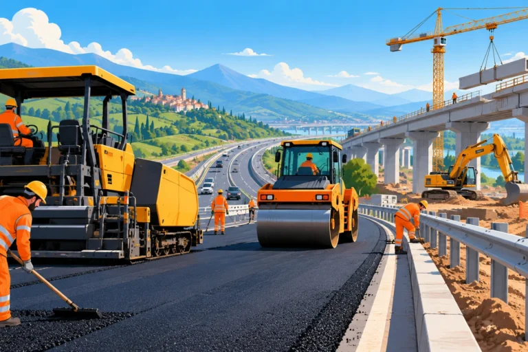 Illustrazione di cantieri stradali e autostradali in Italia con operai e macchinari, simbolo degli investimenti pubblici dopo il PNRR.