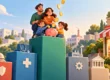 Illustrazione di una famiglia con salvadanaio al centro delle priorità della manovra 2027, tra sanità, imprese e spesa pubblica.