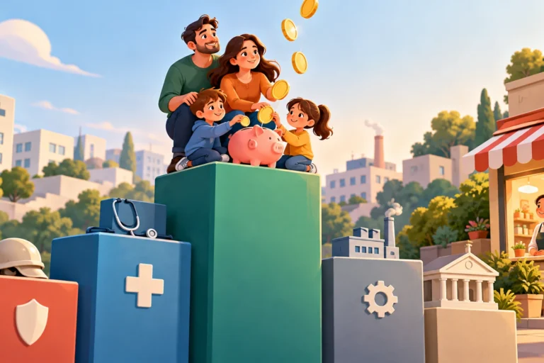 Illustrazione di una famiglia con salvadanaio al centro delle priorità della manovra 2027, tra sanità, imprese e spesa pubblica.
