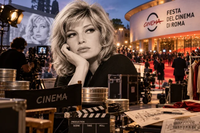 Monica Vitti in primo piano, con il tappeto rosso della Festa del Cinema di Roma e le attrezzature dell’industria cinematografica sullo sfondo.