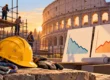 Casco da lavoro e attrezzature di sicurezza davanti al Colosseo, con operai sui ponteggi e grafici sugli incidenti mortali.