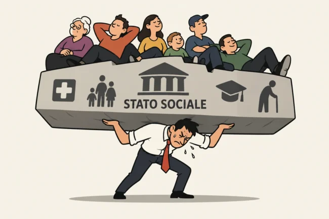 Illustrazione sul patto fiscale con un contribuente che sostiene il peso dello Stato sociale italiano
