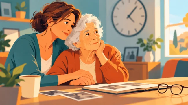 Donna assiste un’anziana con demenza, illustrazione sul Piano nazionale demenze e sul ruolo dei caregiver familiari