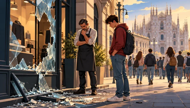Illustrazione di una vetrina distrutta a Milano con un commerciante e un giovane, simbolo delle proteste e del disagio giovanile.