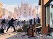 Illustrazione degli scontri a Milano con manifestanti, polizia e vetrine danneggiate durante le proteste contro il carovita.
