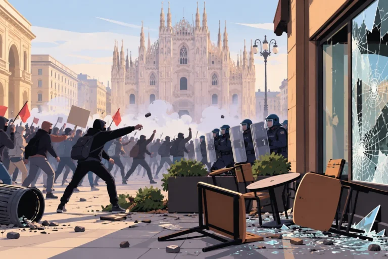 Illustrazione degli scontri a Milano con manifestanti, polizia e vetrine danneggiate durante le proteste contro il carovita.