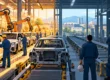 Illustrazione della produzione Stellantis in Italia con una catena di montaggio attiva e una ferma, simbolo delle difficoltà dell’automotive italiano.