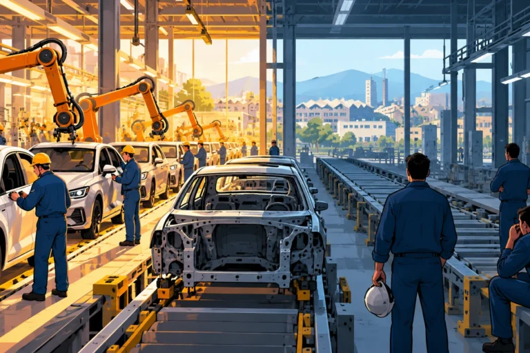 Illustrazione della produzione Stellantis in Italia con una catena di montaggio attiva e una ferma, simbolo delle difficoltà dell’automotive italiano.