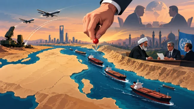 Illustrazione dello Stretto di Hormuz con petroliere, droni e negoziati diplomatici sullo sfondo delle tensioni tra Iran e potenze internazionali.