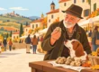 Illustrazione di un trifulau con il suo cane, tartufi e castagne su un banco e un mercato di paese tra le colline delle Langhe.