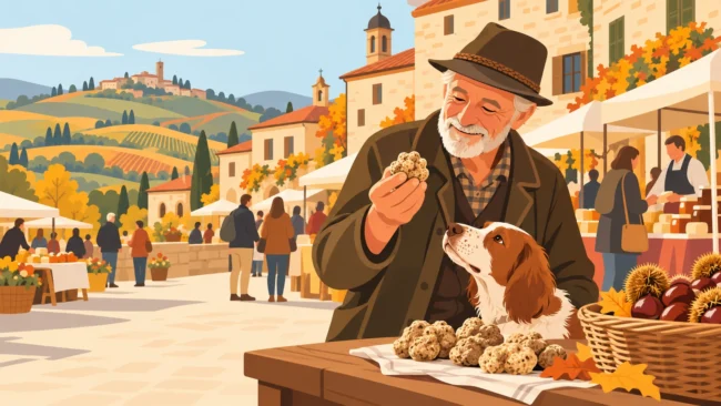 Illustrazione di un trifulau con il suo cane, tartufi e castagne su un banco e un mercato di paese tra le colline delle Langhe.