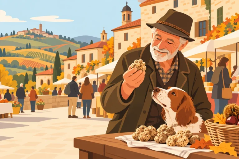 Illustrazione di un trifulau con il suo cane, tartufi e castagne su un banco e un mercato di paese tra le colline delle Langhe.