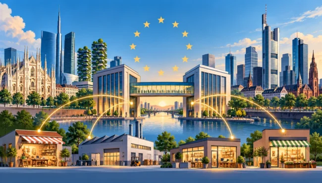 Illustrazione dell’integrazione bancaria tra UniCredit e Commerzbank, con Milano e Francoforte collegate alle piccole imprese europee.
