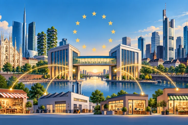 UniCredit e Commerzbank, la nuova banca europea Illustrazione dell’integrazione bancaria tra UniCredit e Commerzbank, con Milano e Francoforte collegate alle piccole imprese europee.