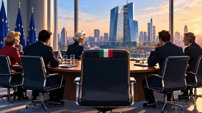 Poltrona italiana vuota al tavolo dei vertici BCE durante una riunione istituzionale europea